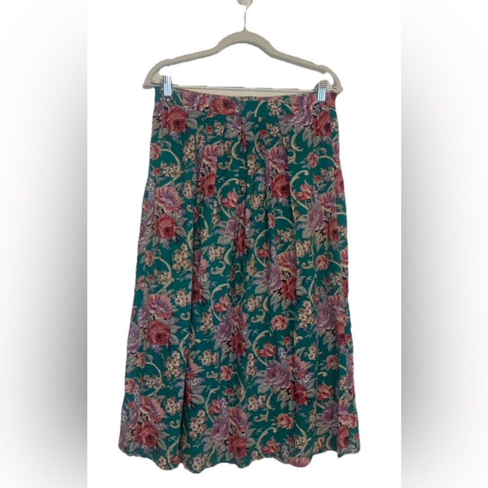 70s Vintage Skirt Womens Sz 12 Green Floral Midi Tiered Boho Cottagecore Retro